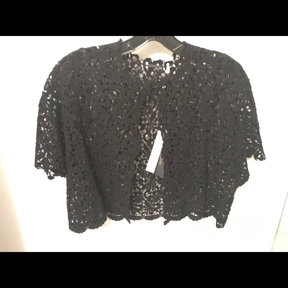 Elie Tahari cropped black lace bolero.